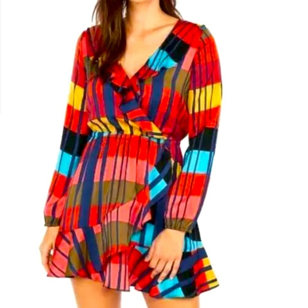 Express Striped Geometric Colorblock Ruffle Elastic Wrap Fit Flare Dress Size L
